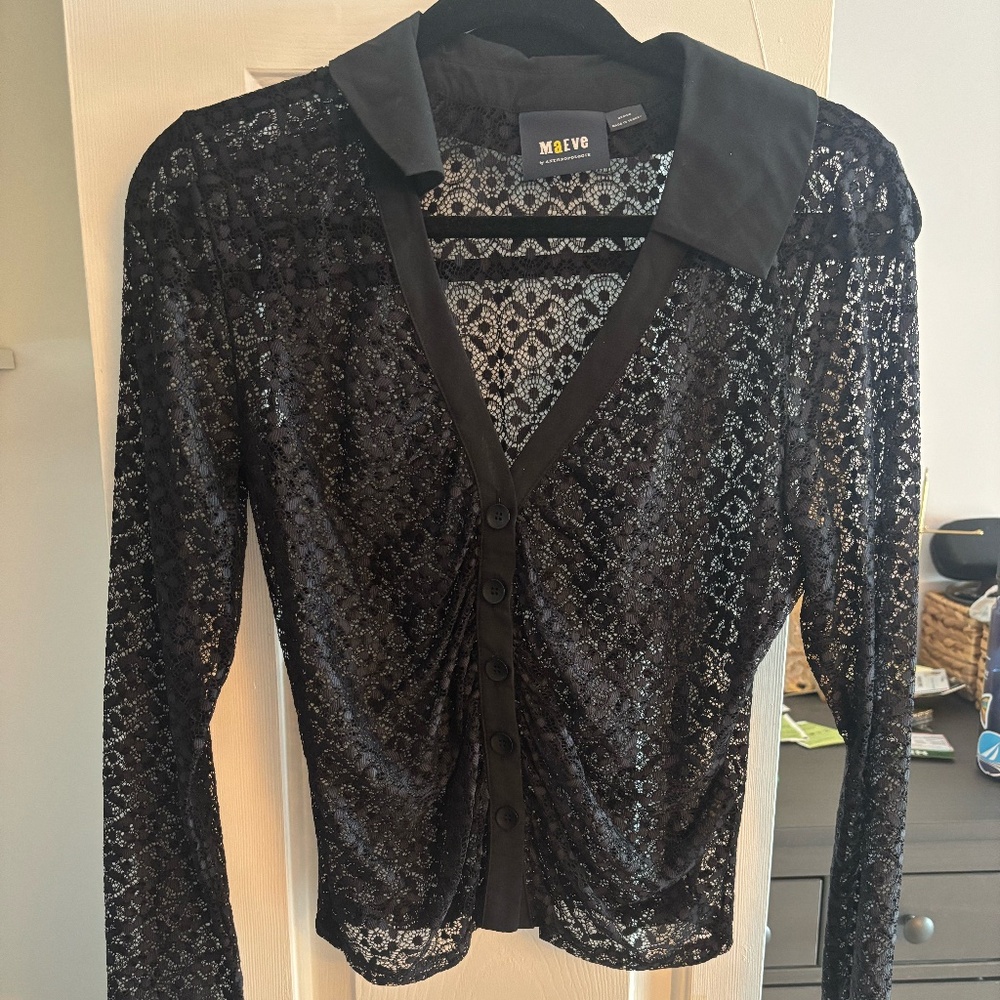 Maeve Anthropologie Black Lace Button Up Collared V-neck Blouse size M